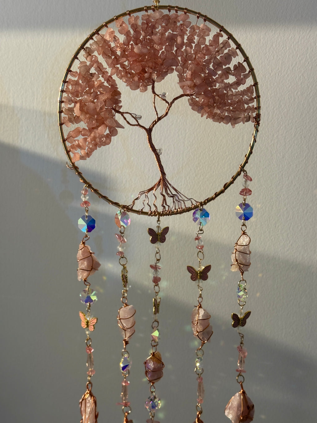 Acchiappasogni Albero della Vita con Quarzo Rosa – Amore e Protezione