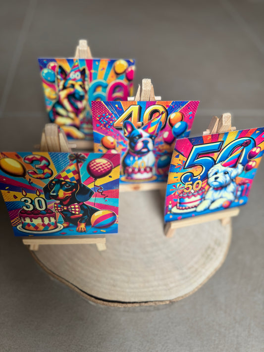 Mini Quadri Pop Art “Compleanno Cane” – Disponibili 30, 40, 50, 60 anni