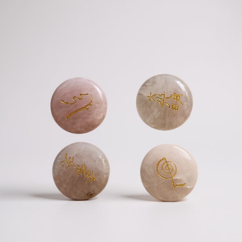 Set 4 Pietre Reiki in Quarzo Rosa con Simboli Incisi – Chakra del Cuore