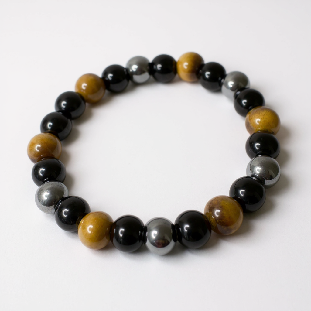 Bracciale “Triple Protection” – Occhio di Tigre, Ossidiana Nera e Ematite